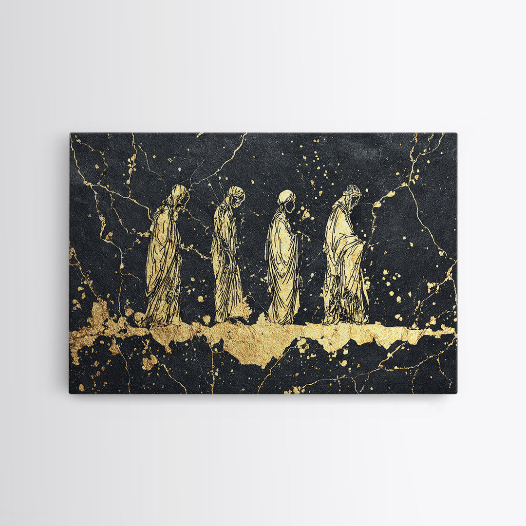 Gold Robed Ancestors On Black Marble Wall Art, African Tribal Art Print, Spiritual Diaspora Decor, Black And Gold Canvas