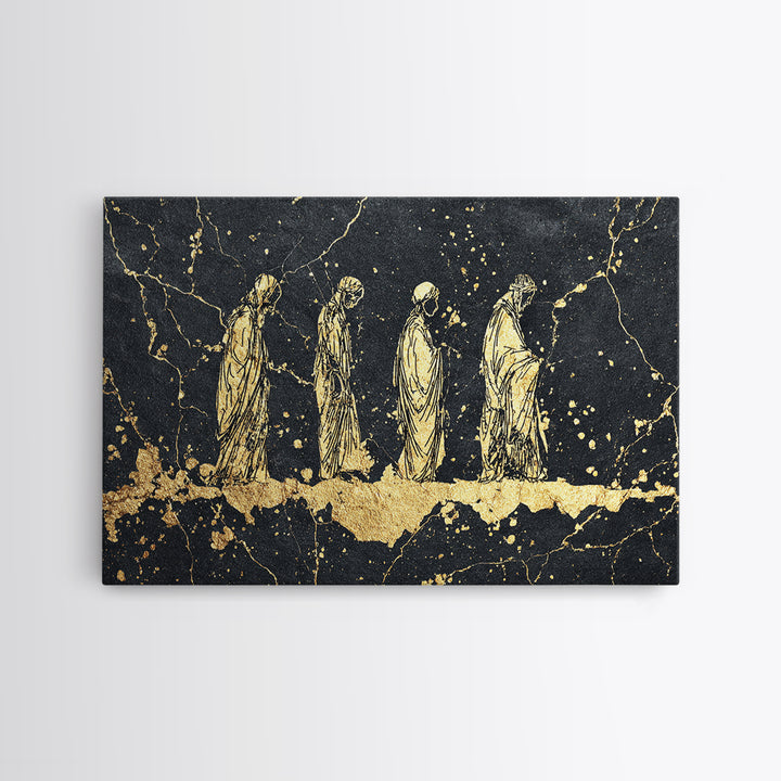 Gold Robed Ancestors On Black Marble Wall Art, African Tribal Art Print, Spiritual Diaspora Decor, Black And Gold Canvas