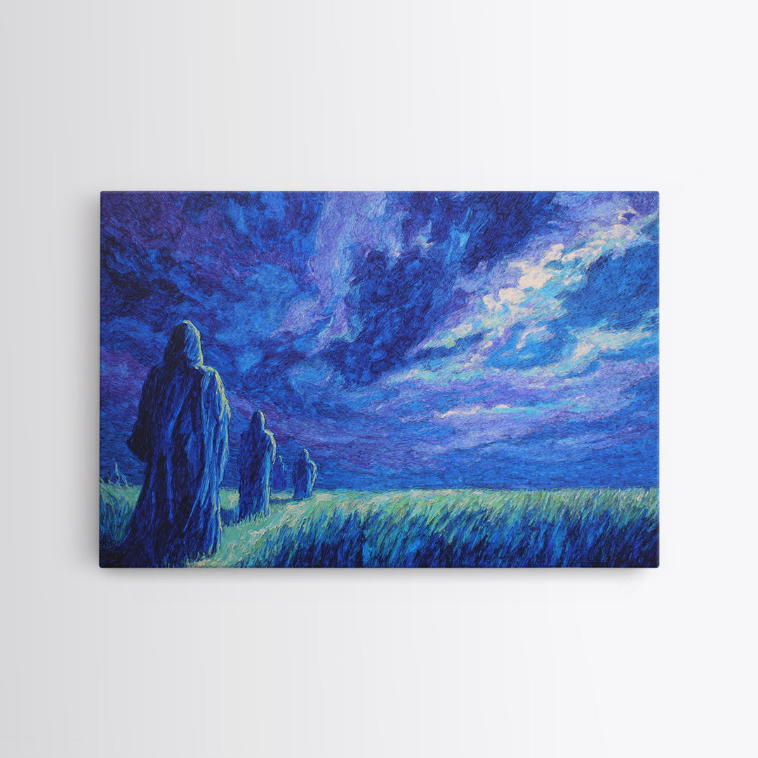 Blue Storm Pilgrims In Moonlit Grass Wall Art, African Landscape, Mystical Wall Art Print, Spiritual Home Decor Canvas Gift