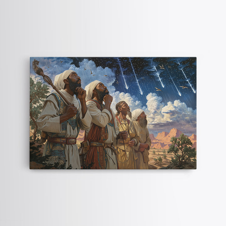 Star Gazing Prophets Beneath Meteor Sky Framed Canvas Print, African Inspired, Spiritual Wall Art, Desert Home Decor Gift