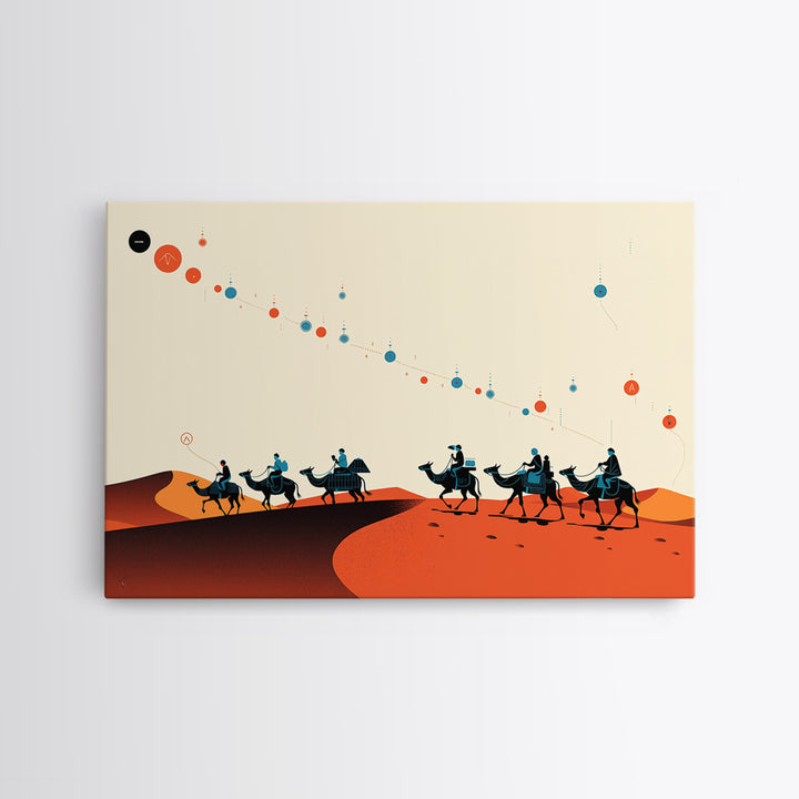 Minimal Camel Caravan Across Orange Dunes Wall Art, African Safari Art, Boho Desert Decor, Travel Poster Canvas Print Gift