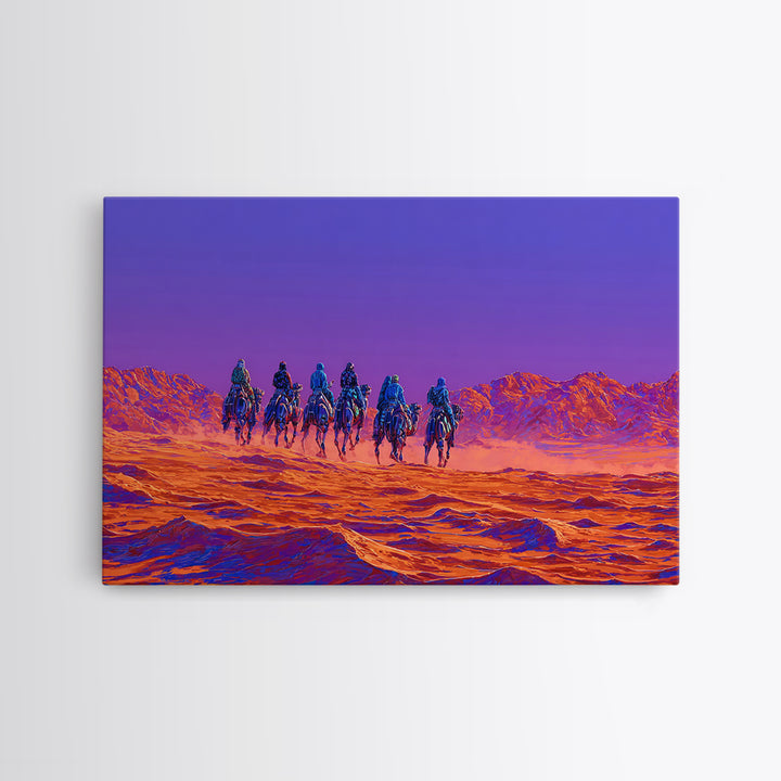 Violet Desert Riders Across Neon Dunes Wall Art, African Warrior Art, Vibrant Safari Decor, Modern Canvas Print Gift For Him