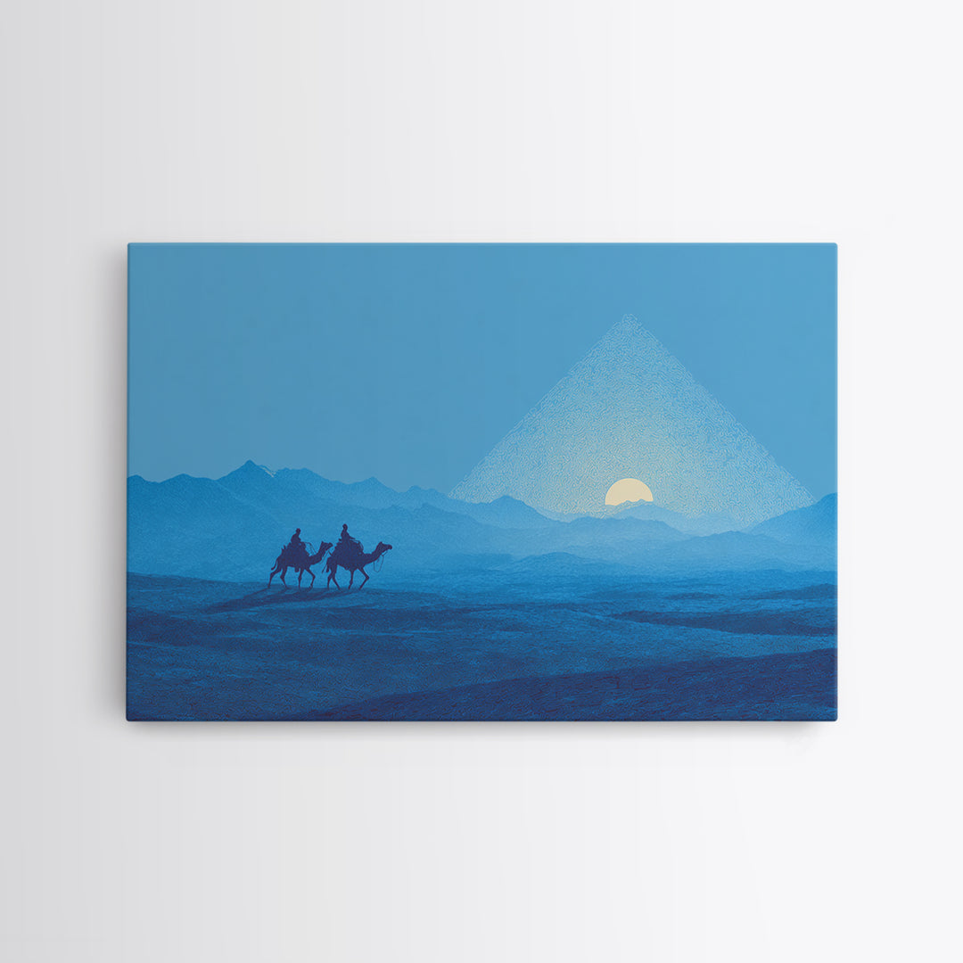 Blue Pyramid Camel Caravan At Sunrise Wall Art, African Egyptian Art, Minimalist Desert Poster, Travel Canvas Print Home Decor