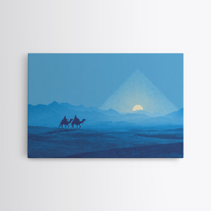 Blue Pyramid Camel Caravan At Sunrise Wall Art, African Egyptian Art, Minimalist Desert Poster, Travel Canvas Print Home Decor