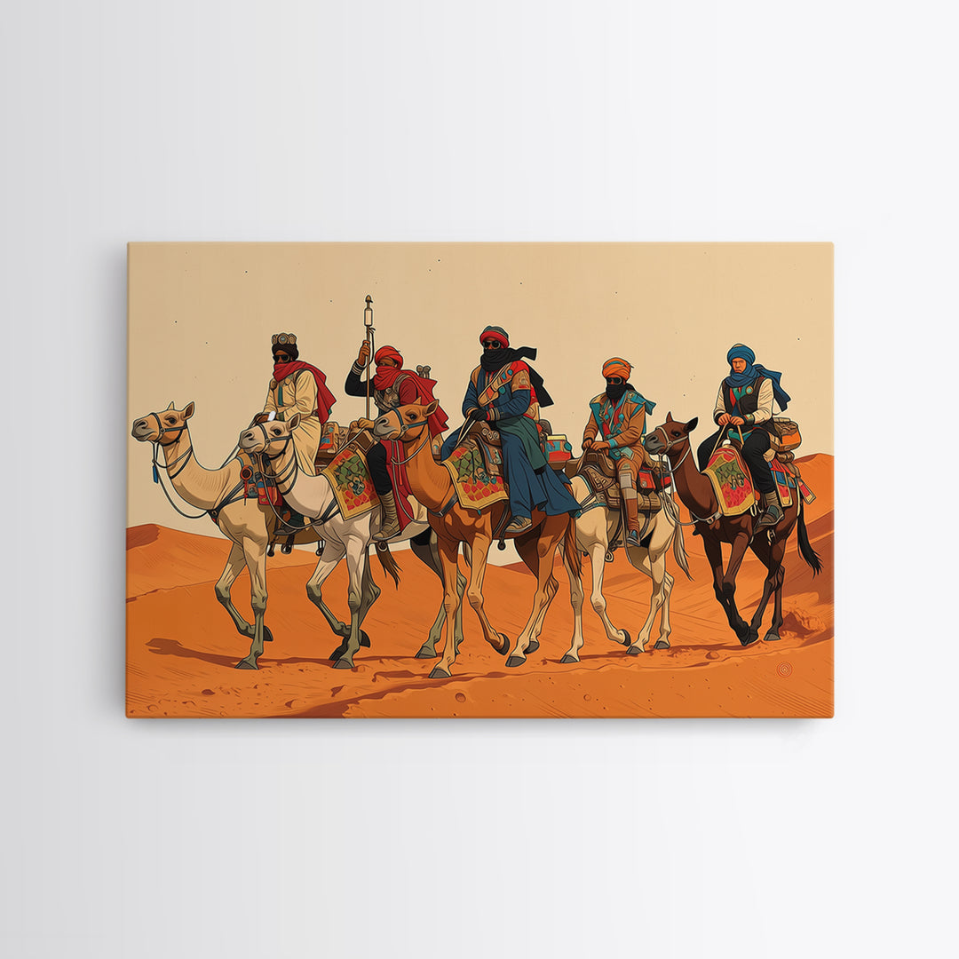 Tuareg Camel Caravan In Sahara Desert Wall Art, African Warrior Art, African Safari Decor, Boho Living Room Canvas Print