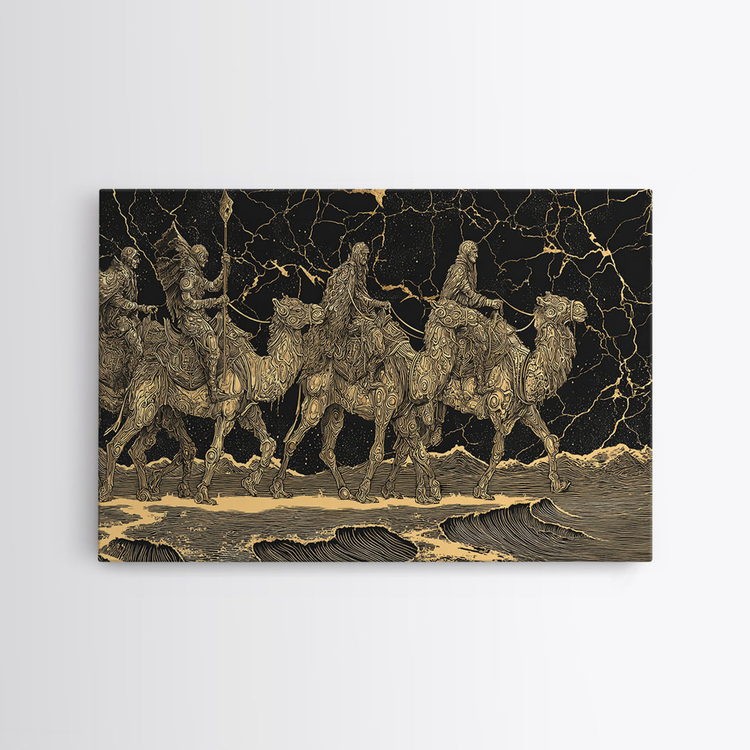 Gold Engraved Camel Caravan On Black Stone Wall Art, African Art Print, Desert Travel Decor, Luxury Canvas Print For Office Decor