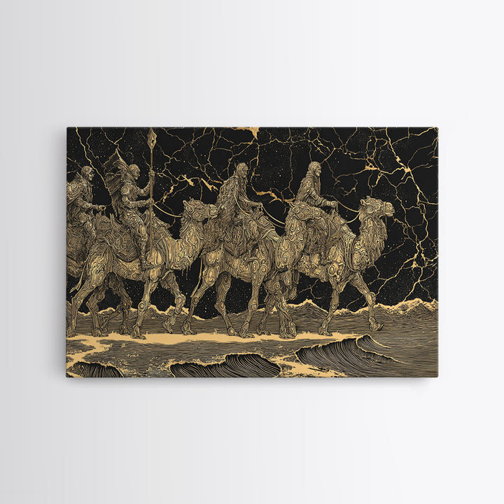 Gold Engraved Camel Caravan On Black Stone Wall Art, African Art Print, Desert Travel Decor, Luxury Canvas Print For Office Decor