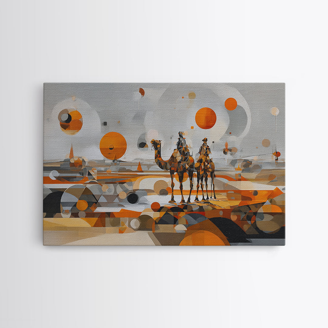 Abstract Geometric Camel Caravan In Orange Desert Wall Art, Modern African Art, Boho Living Room Decor, Canvas Print Gift