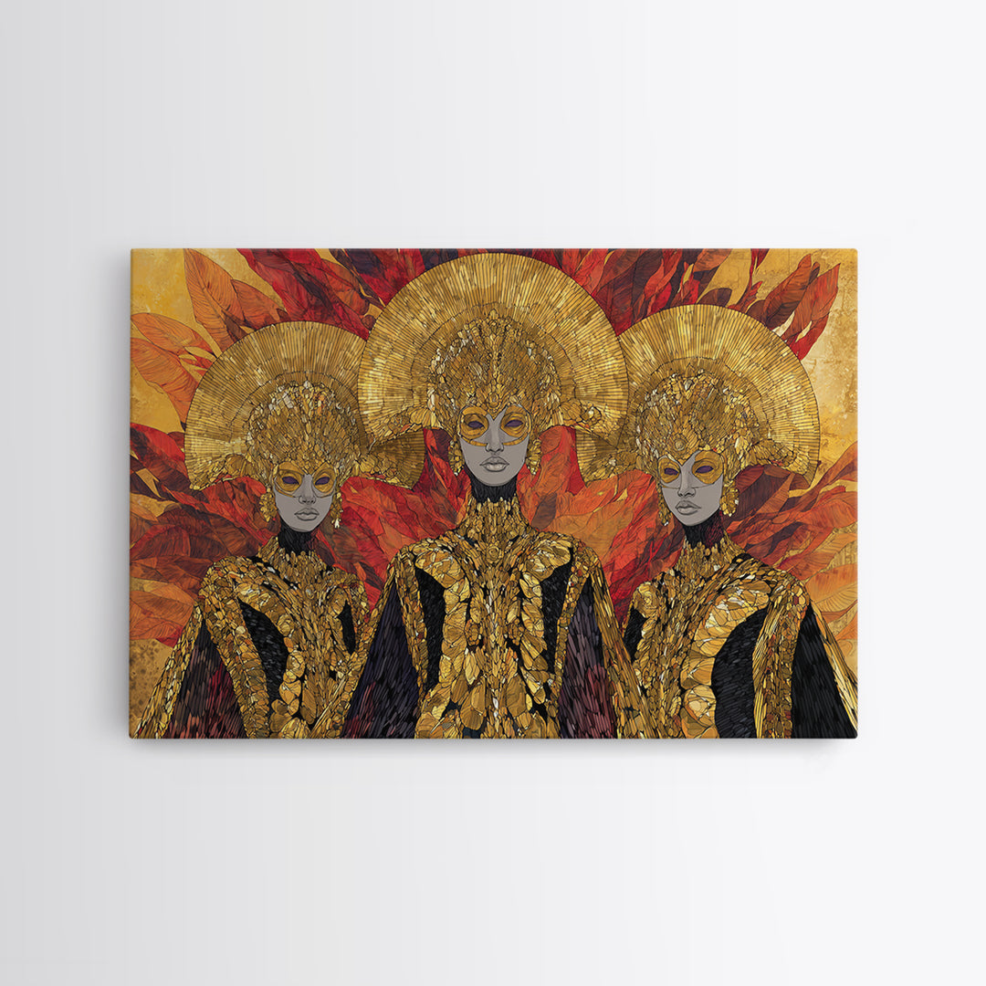 Three Golden African Queens With Leaf Crowns Wall Art, Black Woman Art, Afrocentric Decor, Luxury Framed Canvas Print Gift