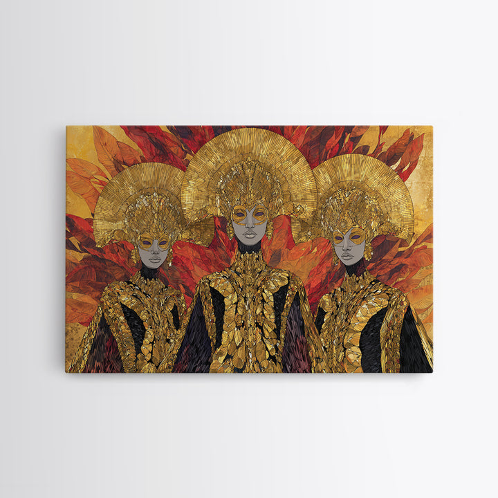 Three Golden African Queens With Leaf Crowns Wall Art, Black Woman Art, Afrocentric Decor, Luxury Framed Canvas Print Gift