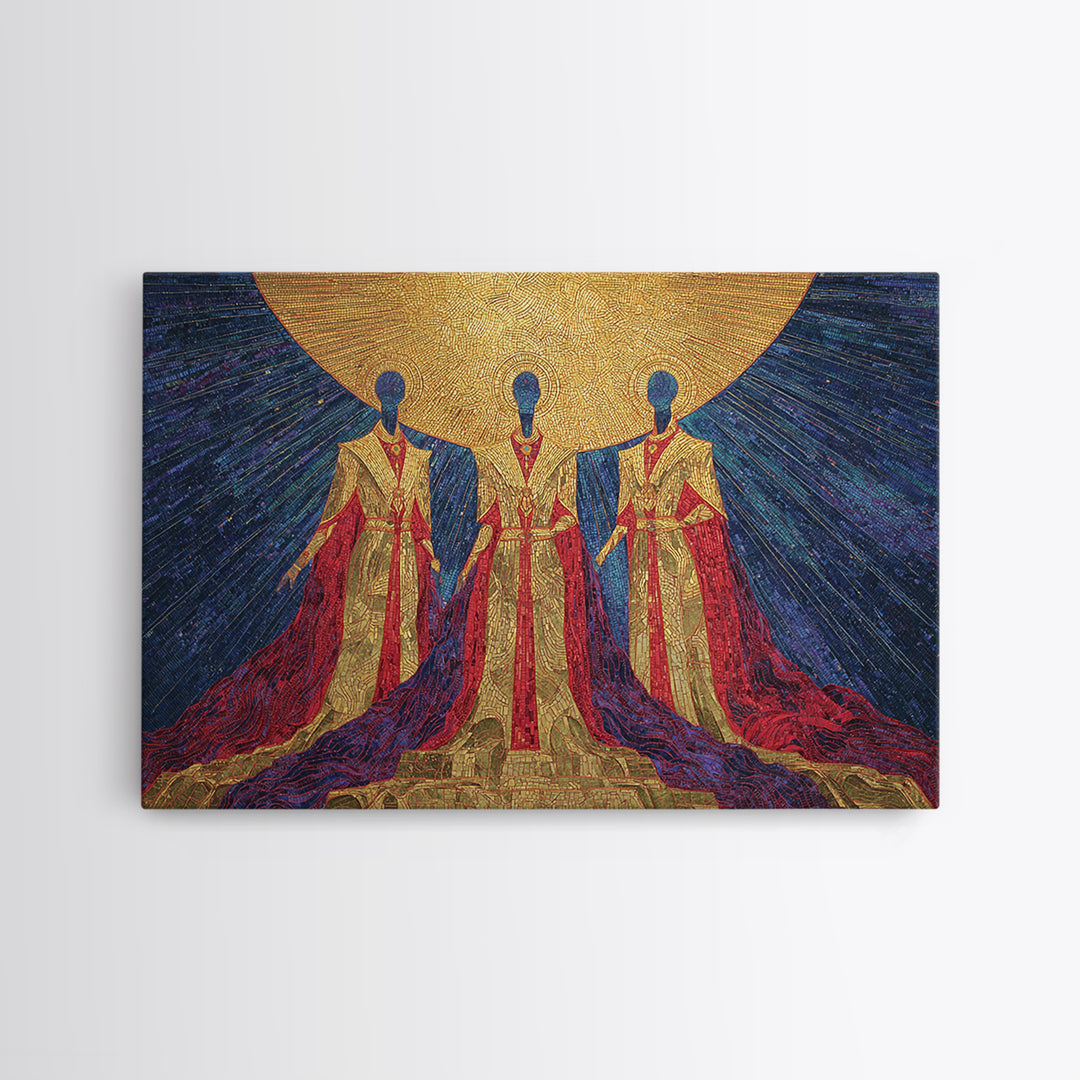 Celestial African Trinity Under Golden Sun Wall Art, Spiritual Afrocentric Art, Black Goddess Decor, Framed Canvas Print