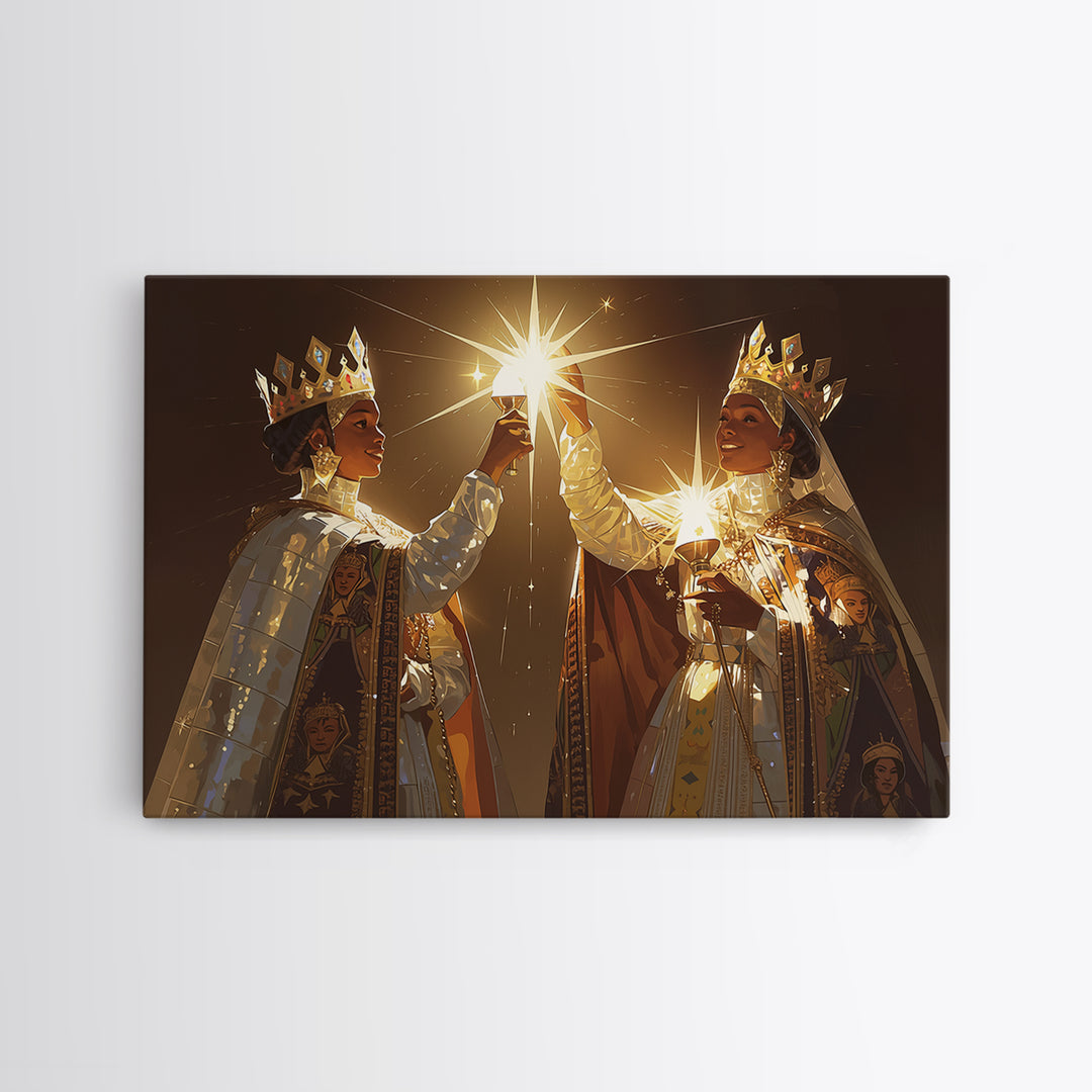 Two Crowned African Queens Toasting Starlight Wall Art, Black Women Art, Elegant Gold Decor, Premium Canvas Print For Her