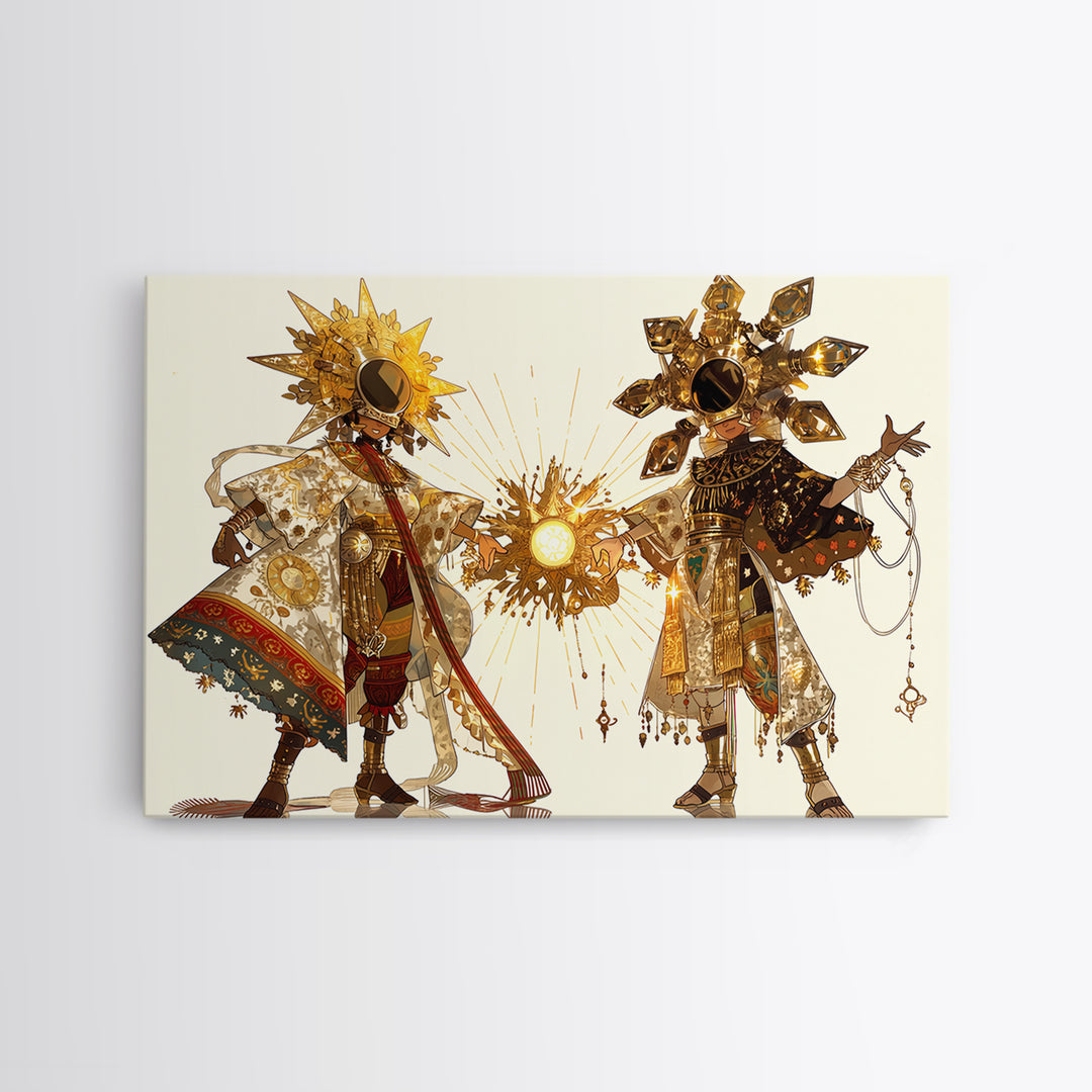 Sun And Moon African Deities In Ornate Gold Costumes Wall Art, Afrocentric Art, Spiritual Decor, Framed Canvas Print Gift