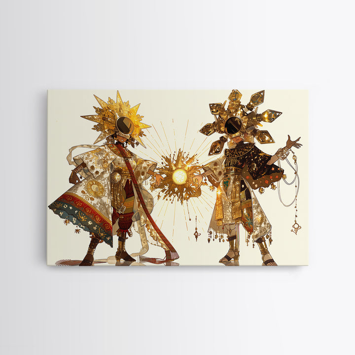 Sun And Moon African Deities In Ornate Gold Costumes Wall Art, Afrocentric Art, Spiritual Decor, Framed Canvas Print Gift