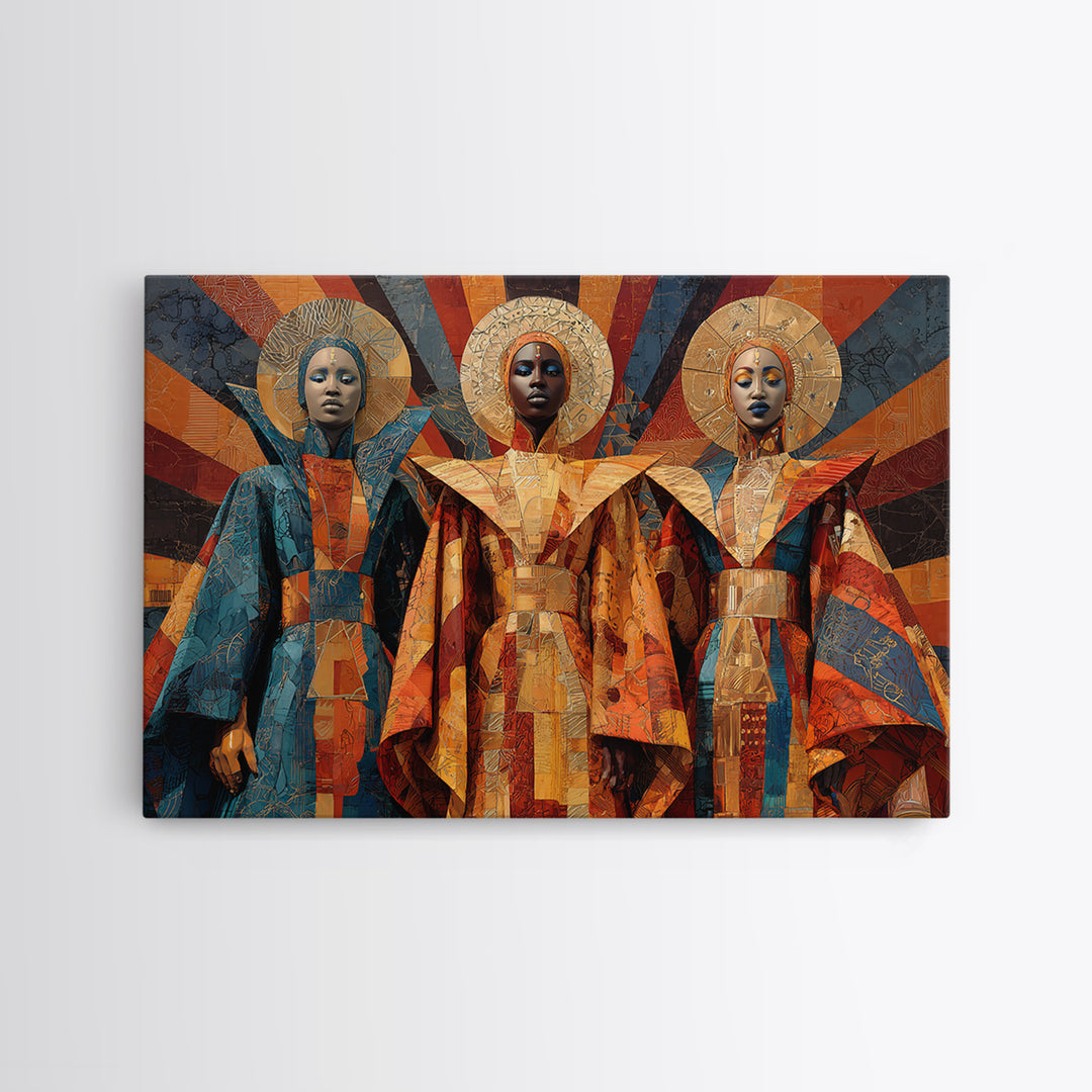 Afrofuturist African Queens In Geometric Robes Wall Art, Modern Black Art, Cultural Home Decor, Framed Canvas Print Gift