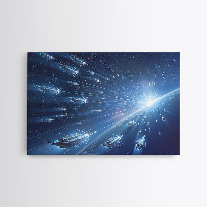 Blue Starship Fleet Racing Toward Sunrise Wall Art, Afrofuturism Decor, Sci Fi Space Art, Modern Canvas Print For Office Decor