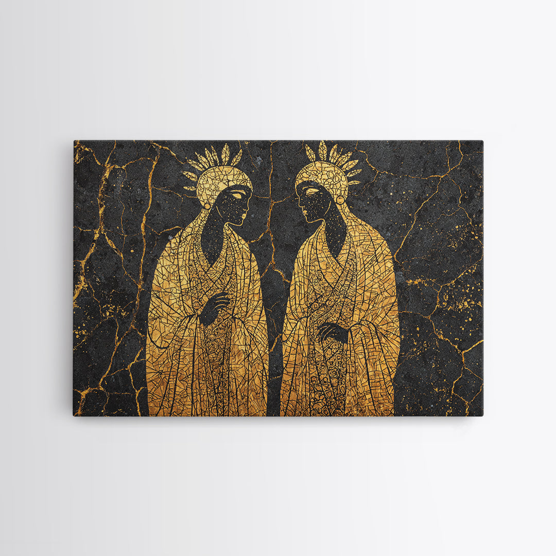 Gold Mosaic Sacred African Figures On Black Stone Wall Art, Spiritual Wall Decor, Black And Gold Art, Framed Canvas Print