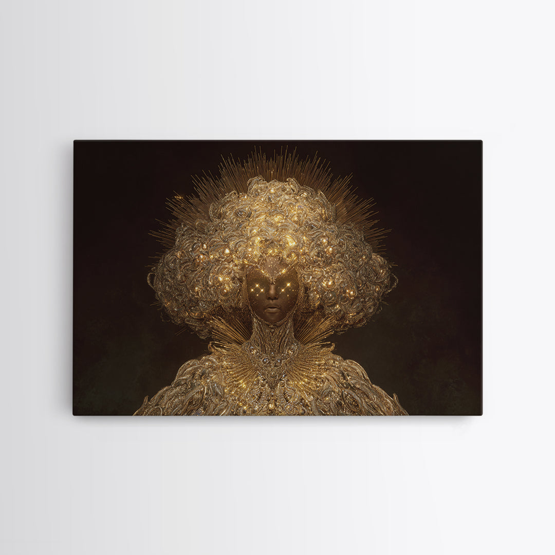 Golden Halo African Queen Portrait, Ornate Black Goddess Wall Art, Afrocentric Decor, Luxury Canvas, Black Beauty Gift Print