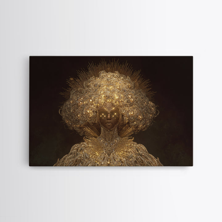 Golden Halo African Queen Portrait, Ornate Black Goddess Wall Art, Afrocentric Decor, Luxury Canvas, Black Beauty Gift Print