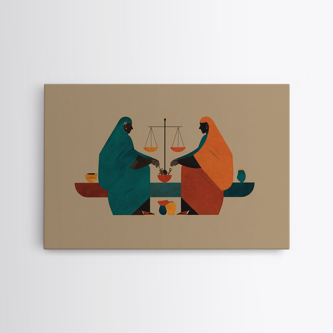 Minimalist African Women Sharing Bowls, Balance Scales Wall Art, Boho Afrocentric Decor, Cultural Canvas Print Gift For Her