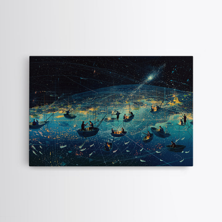 Starry Night African Fishing Boats, Dreamy Ocean Wall Art, Coastal Safari Decor, Framed Canvas Print For Living Room Gift