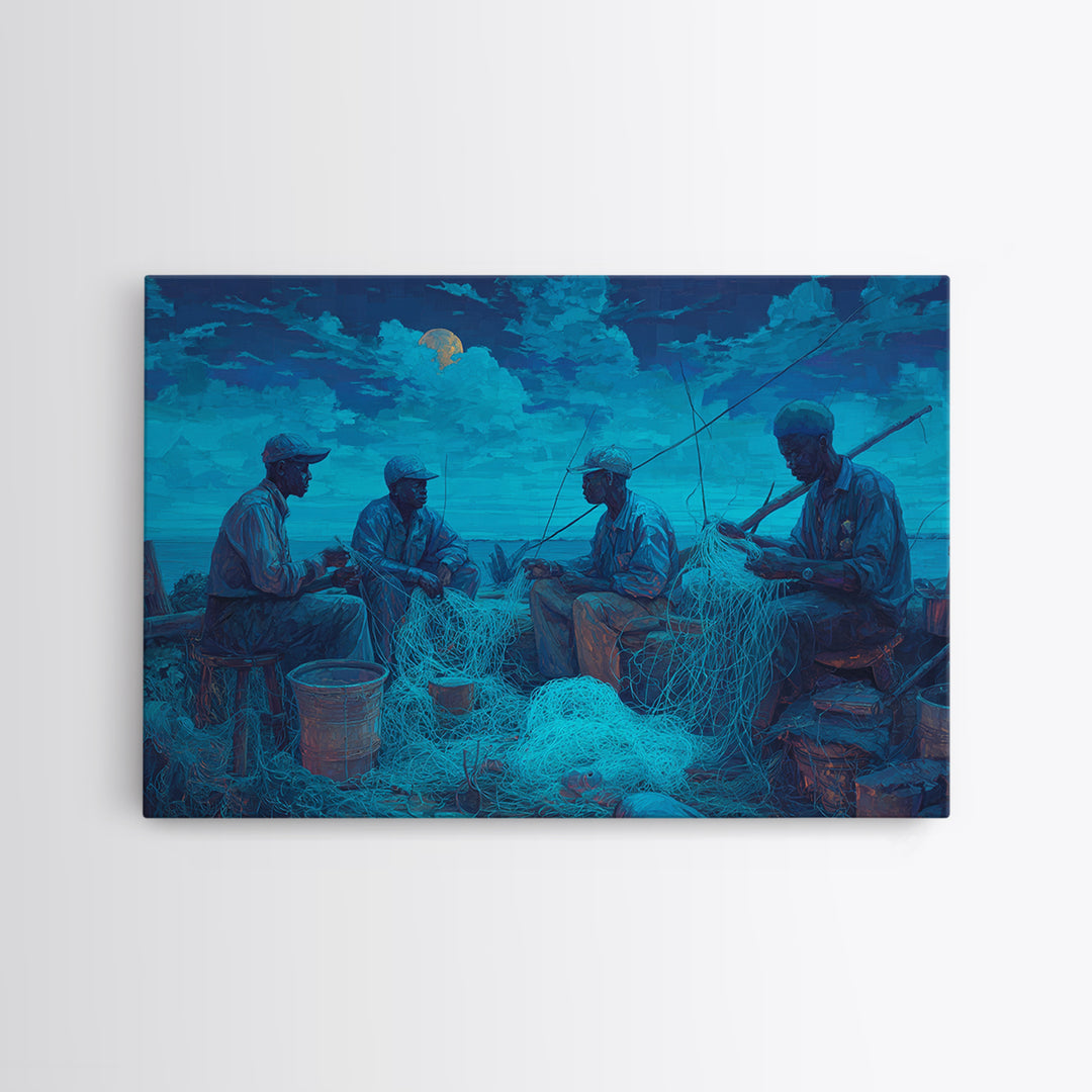 Moonlit African Fishermen Mending Nets, Blue Coastal Wall Art, Afrocentric Painting, Cultural Decor, Fishing Village Print