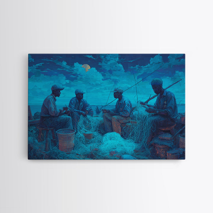 Moonlit African Fishermen Mending Nets, Blue Coastal Wall Art, Afrocentric Painting, Cultural Decor, Fishing Village Print