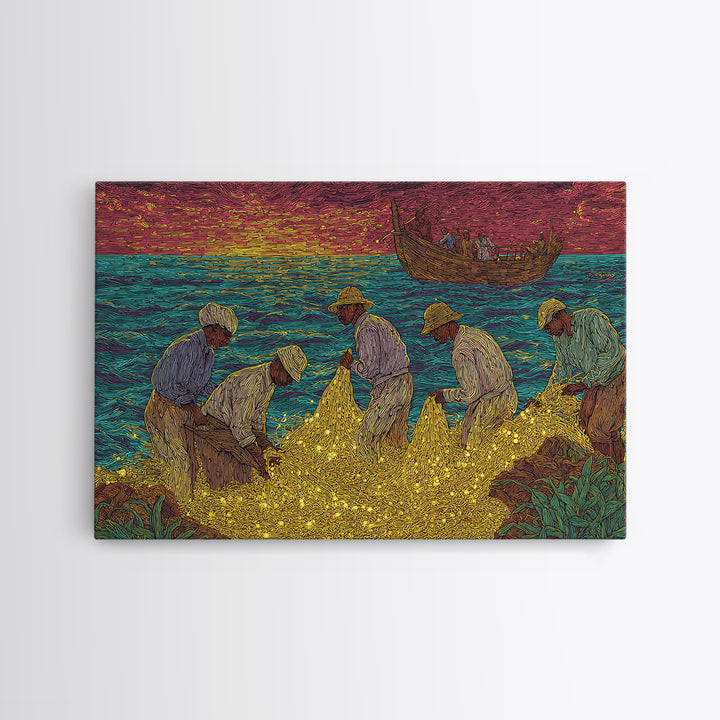 Golden Net Fishermen At Vibrant Sunset, African Wall Art, Coastal Canvas Print, Colorful Cultural Decor, Fishing Village