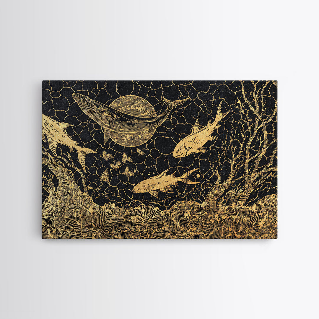 Gold Fish And Whale Underwater Scene, Black And Gold Wall Art, Ocean Canvas Print, Mystical Nature Decor, Unique Gift For Home