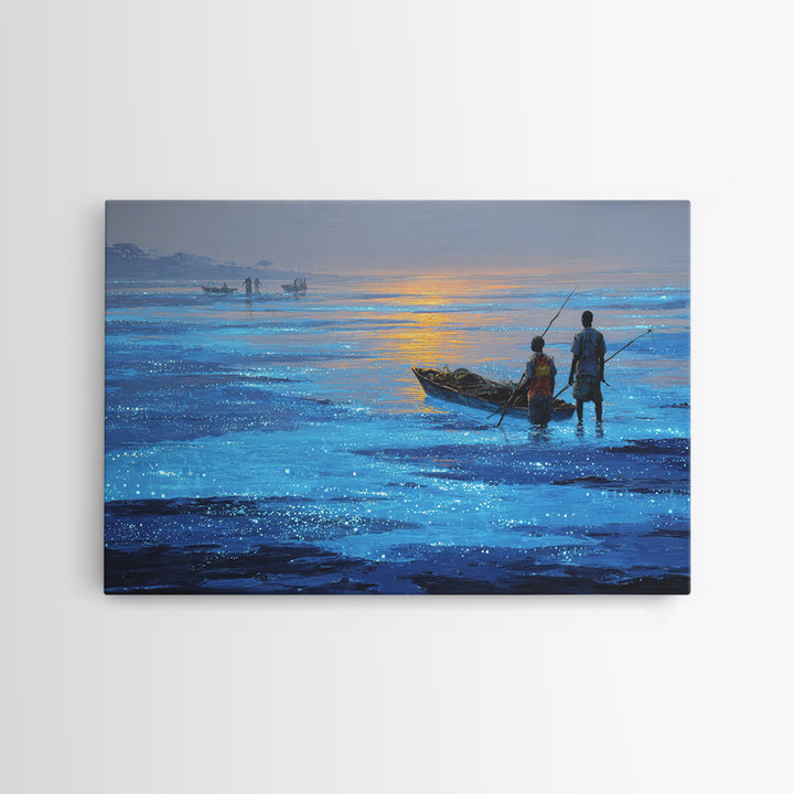 Blue Dawn Fishermen With Boat On Shimmering Water, African Wall Art, Coastal Canvas Print, Serene Living Room Decor Gift