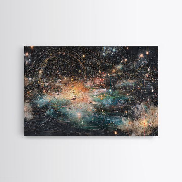 Cosmic Ocean Map With Stars And Light Trails, Abstract Wall Art, Modern Canvas Print, Mystical Office Decor, Galaxy Art Print