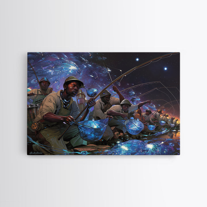 Afrofuturist Fishermen Catching Glowing Fish, Starry Night Canvas Print, African Wall Art, Bold Black Culture Decor Gift