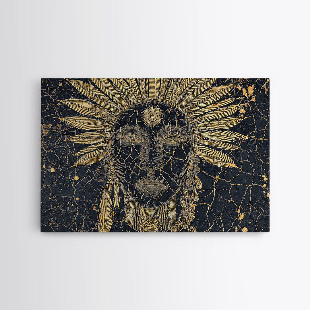 Gold Sun Headdress Tribal Face Portrait, Black And Gold Wall Art, African Mask Canvas Print, Spiritual Cultural Decor Gift