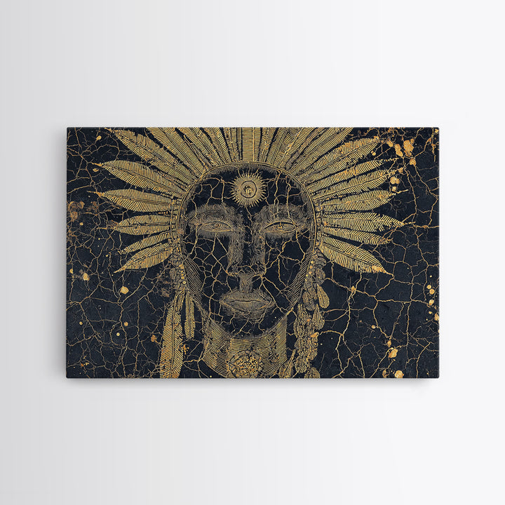 Gold Sun Headdress Tribal Face Portrait, Black And Gold Wall Art, African Mask Canvas Print, Spiritual Cultural Decor Gift
