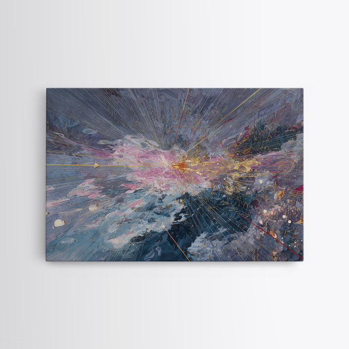 Abstract Cosmic Burst Canvas Print, Blue Pink Gold Textured Painting, Modern Abstract Wall Art, Luxury Home Decor Gift For Living Room