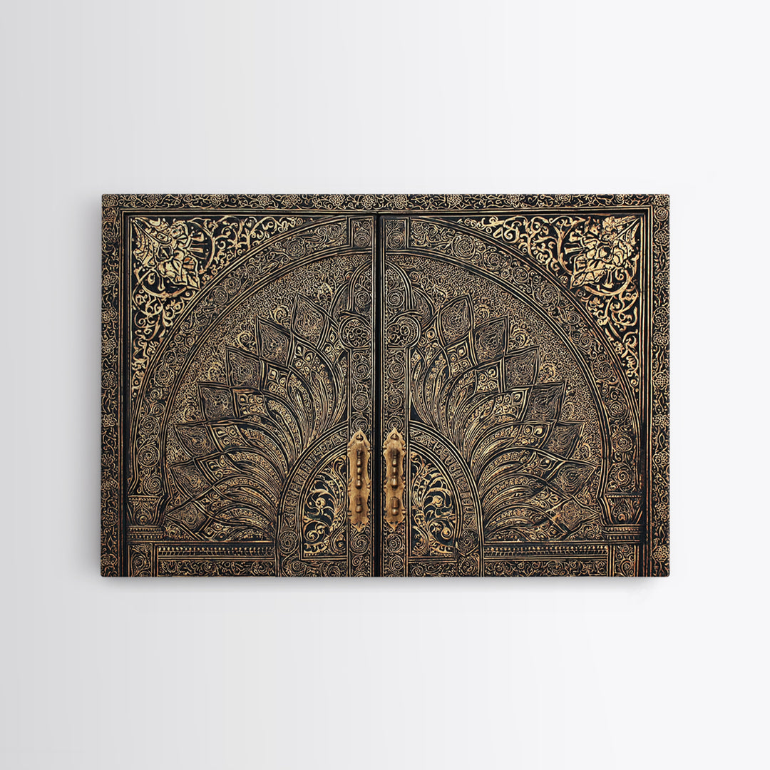Ornate Black Gold Door Canvas Print, Moroccan Inspired Geometric Pattern Wall Art, Elegant Home Decor, Luxury Art Gift For Office