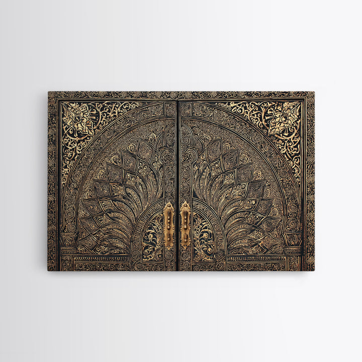 Ornate Black Gold Door Canvas Print, Moroccan Inspired Geometric Pattern Wall Art, Elegant Home Decor, Luxury Art Gift For Office