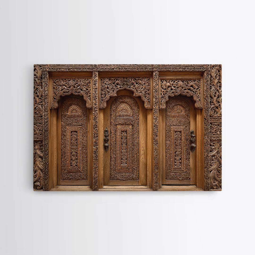 Carved Wooden Temple Doors Wall Art, Ornate African Inspired Architecture Print, Rustic Boho Home Decor, Cultural Gift For Hallway