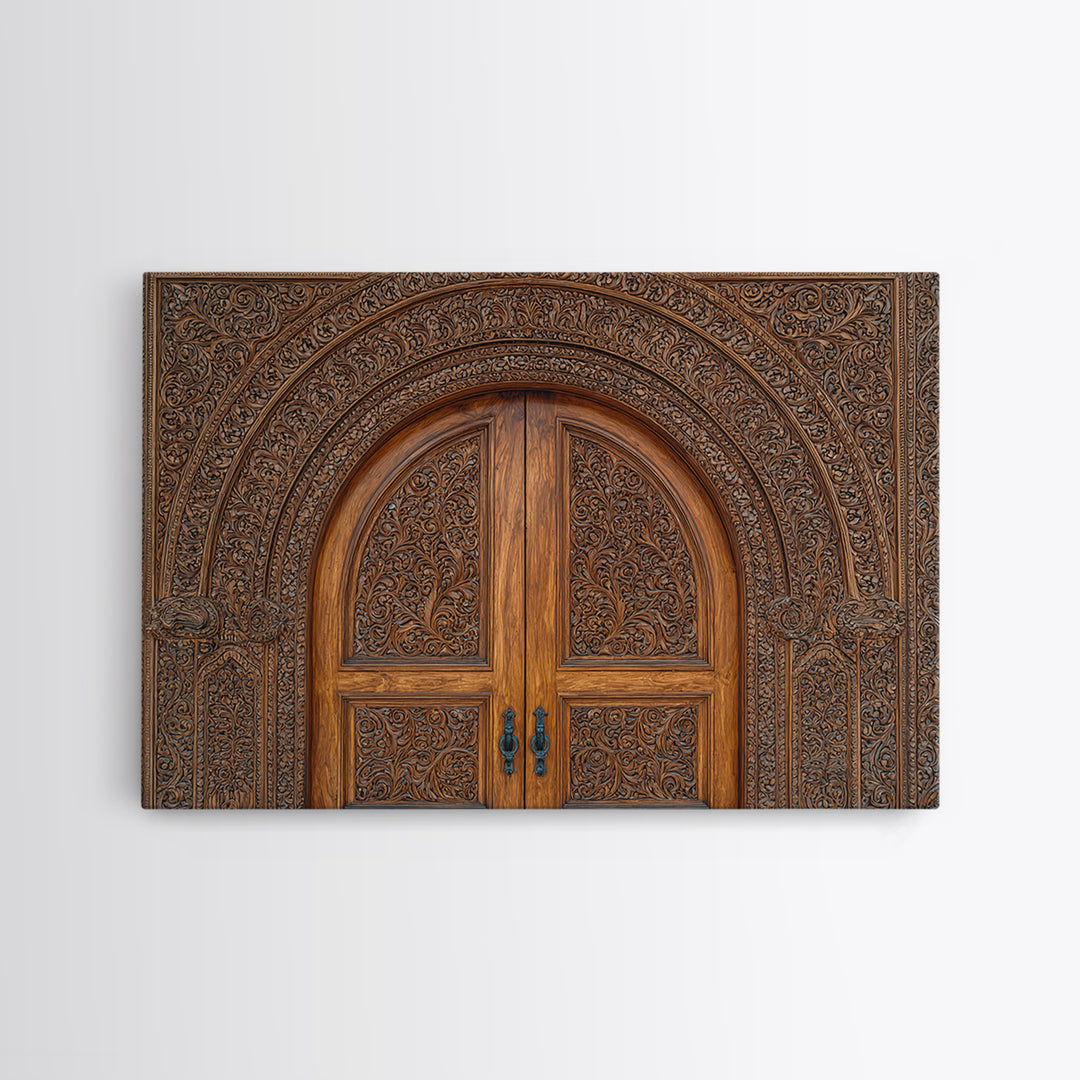 Arched Carved Wood Door Framed Canvas Print, Intricate Moroccan Pattern Wall Art, Rustic Bohemian Home Decor Gift For Living Room