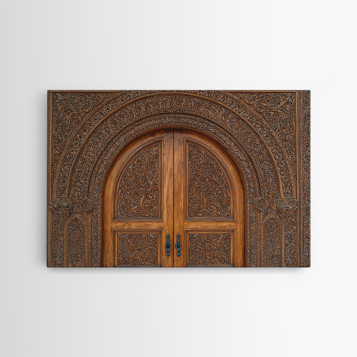 Arched Carved Wood Door Framed Canvas Print, Intricate Moroccan Pattern Wall Art, Rustic Bohemian Home Decor Gift For Living Room
