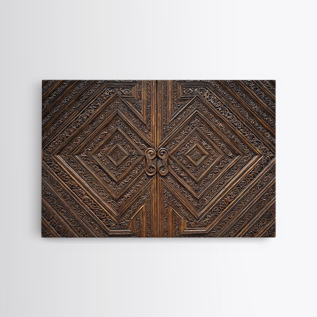 Geometric Carved Wood Door Canvas Print, Ornate Tribal Pattern Wall Art, Brown Rustic Home Decor, Unique Cultural Gift For Office