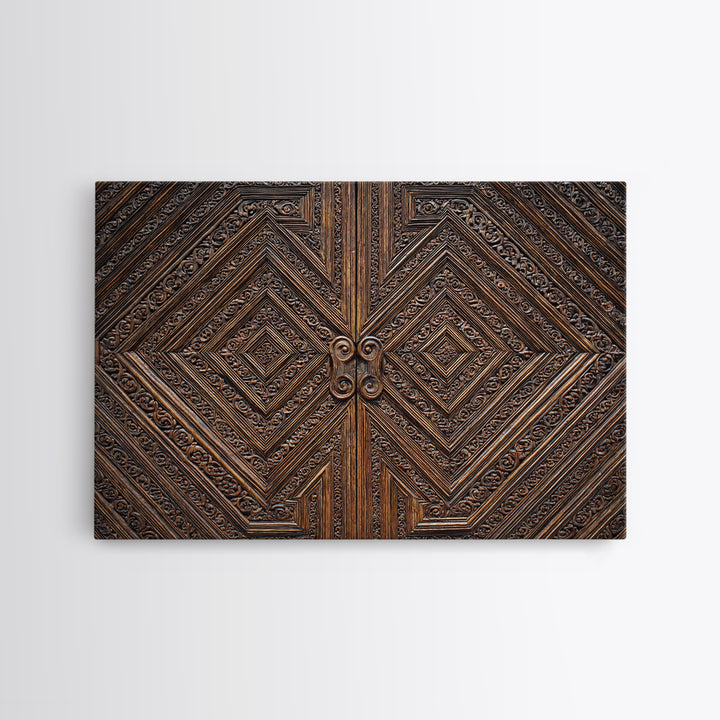 Geometric Carved Wood Door Canvas Print, Ornate Tribal Pattern Wall Art, Brown Rustic Home Decor, Unique Cultural Gift For Office