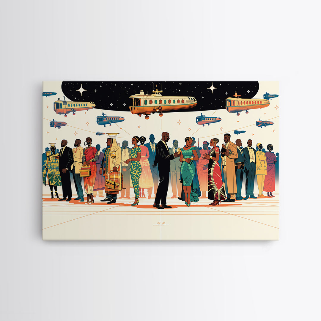 Afrofuturist Travel Crowd Wall Art, African American Art Print, Black Culture Poster, Modern Diaspora Home Decor Gift For Her