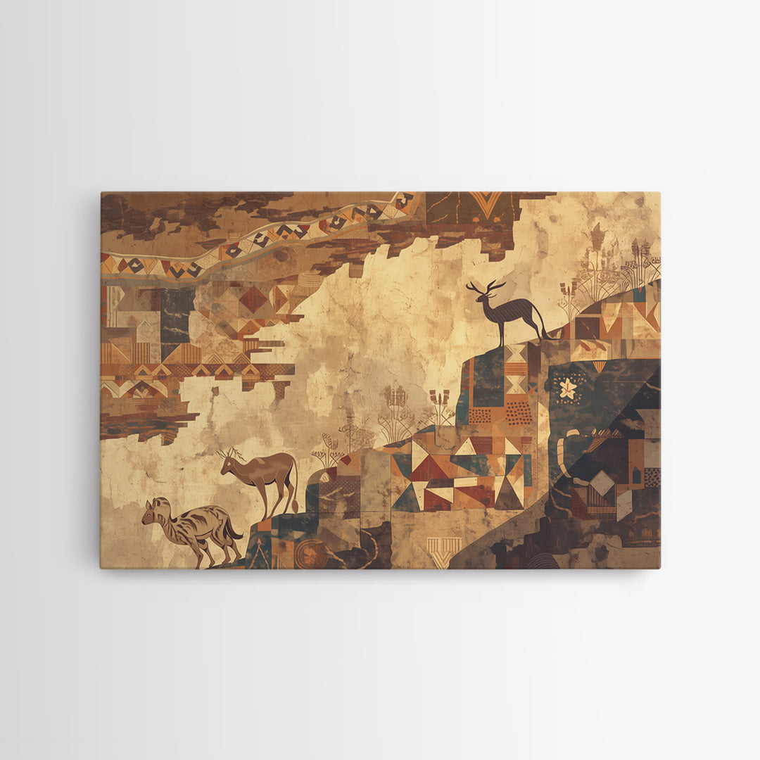 Ancient Safari Animals Wall Art, African Tribal Art Print, Geometric Landscape Poster, Earth Tone Cultural Home Decor Gift