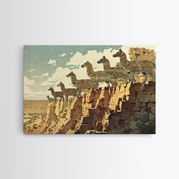 Stylized Giraffe Caravan Canvas Print, African Safari Art, Canyon Landscape Wall Decor, Boho Animal Home Decor Gift For Her