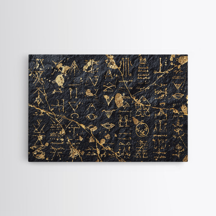 Gold Ancient Glyphs Wall Art, African Egyptian Art Print, Black Gold Canvas, Tribal Symbols Cultural Home Decor Gift Idea