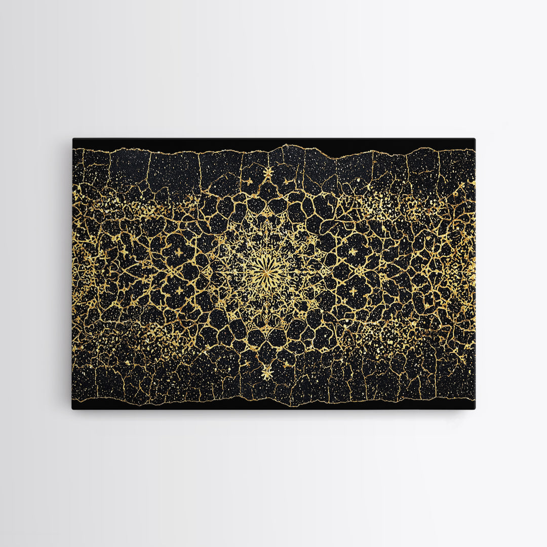 Black Gold Mandala Pattern Canvas Print, African Abstract Art, Luxury Geometric Wall Decor, Boho Home Decor Gift For Her