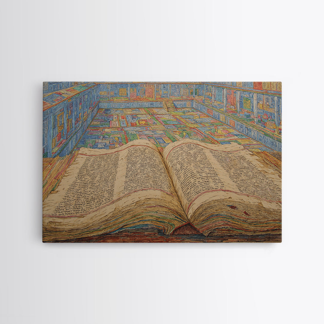 Ancient Open Book Library Wall Art, Scholarly Manuscript Canvas Print, Blue Office Decor, Literary Home Decor Gift For Reading Room