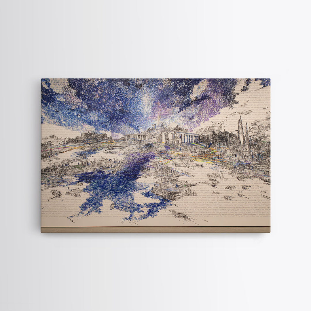 Blue River Ruins Landscape Wall Art, Classical Architecture Canvas Print, Dreamy Nature Scene, Elegant Office Home Decor Gift