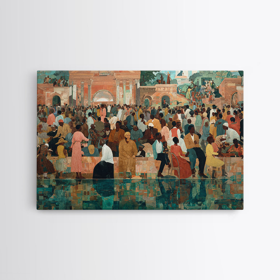 Vibrant African Plaza Crowd Wall Art, Cultural Celebration Canvas Print, Black People Decor, Afrocentric Home Decor Gift